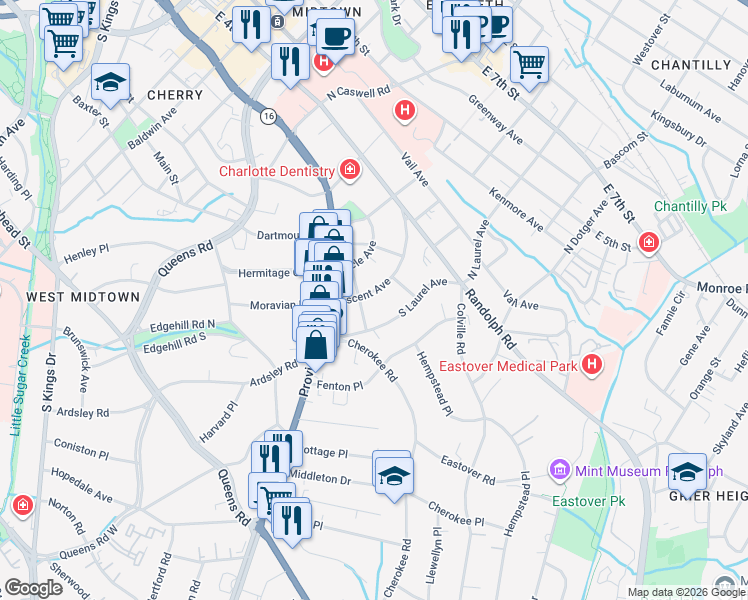 map of restaurants, bars, coffee shops, grocery stores, and more near 510 Willoughby Street in Charlotte