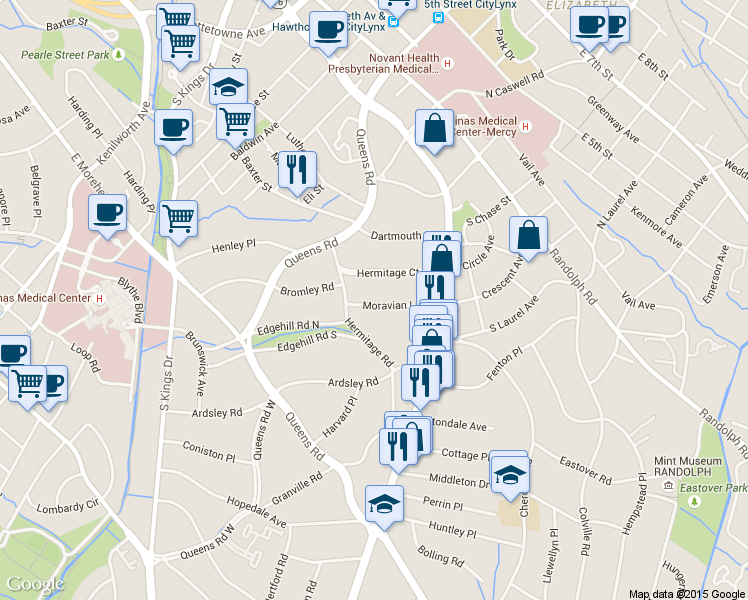 map of restaurants, bars, coffee shops, grocery stores, and more near 619 Moravian Lane in Charlotte