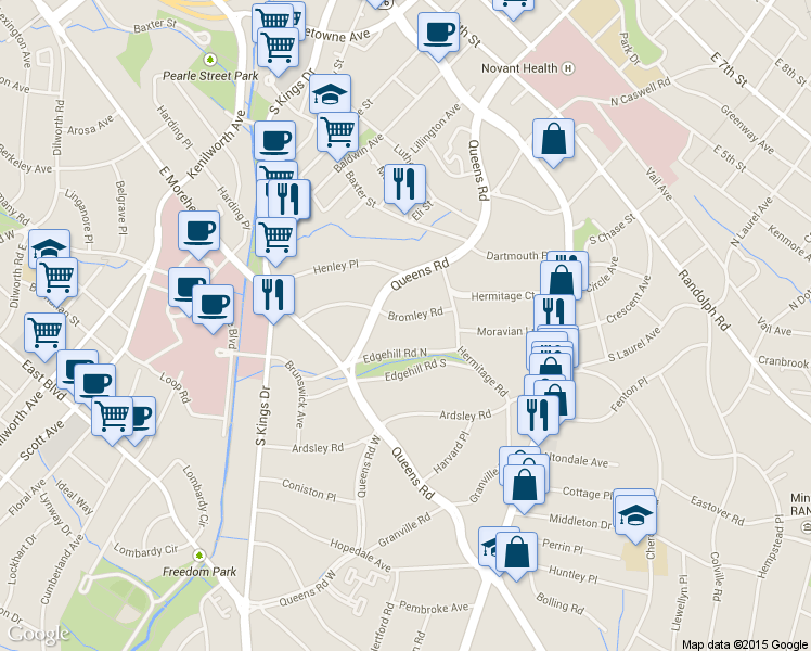 map of restaurants, bars, coffee shops, grocery stores, and more near 810 Edgehill Road North in Charlotte