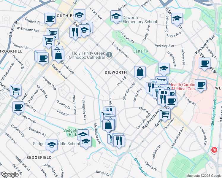 map of restaurants, bars, coffee shops, grocery stores, and more near 1948 Park Road in Charlotte