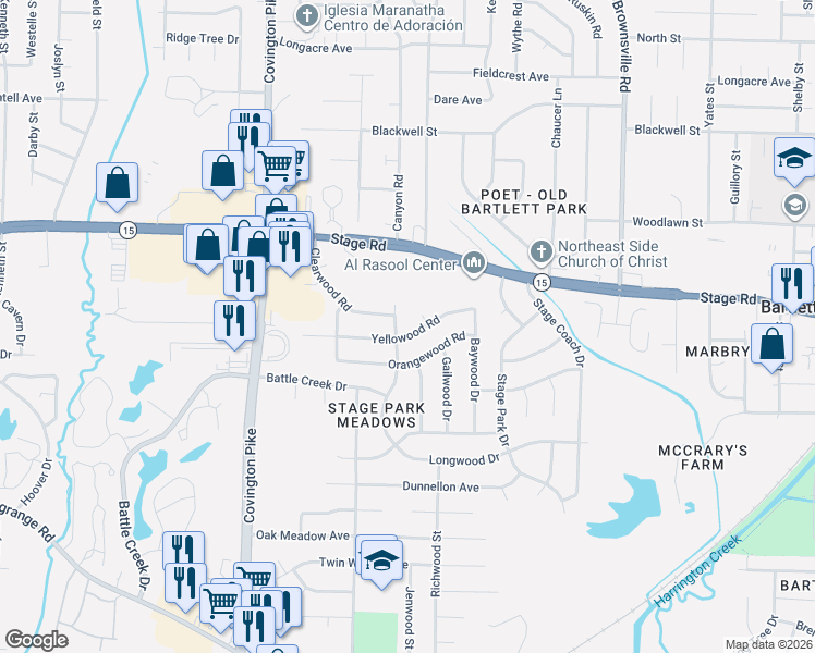 map of restaurants, bars, coffee shops, grocery stores, and more near 5231 Yellowood Road in Memphis
