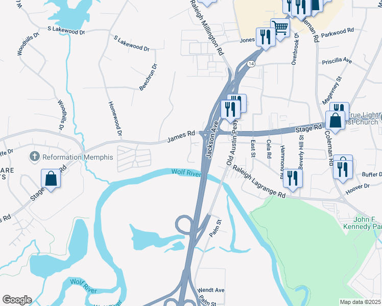 map of restaurants, bars, coffee shops, grocery stores, and more near 2840 Coach Drive in Memphis