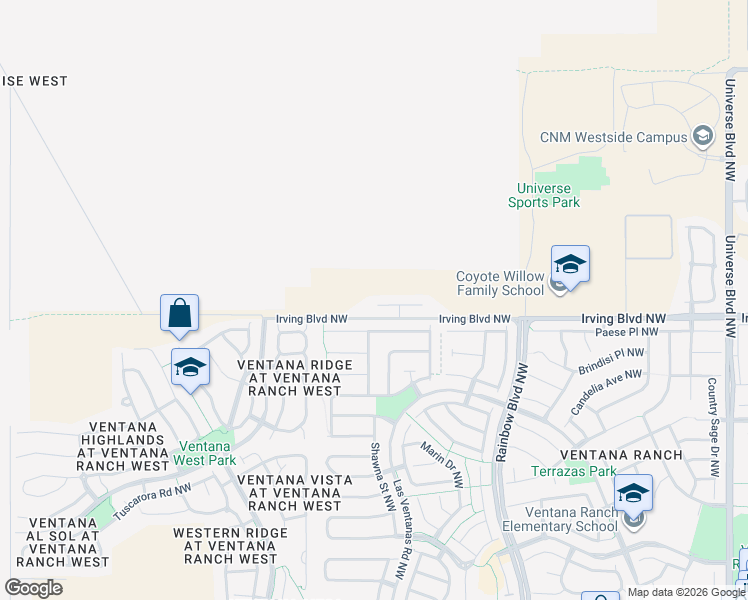 map of restaurants, bars, coffee shops, grocery stores, and more near 7555 Prickly Brush Street Northwest in Albuquerque