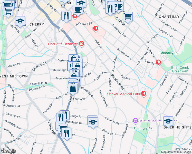 map of restaurants, bars, coffee shops, grocery stores, and more near 220 South Laurel Avenue in Charlotte