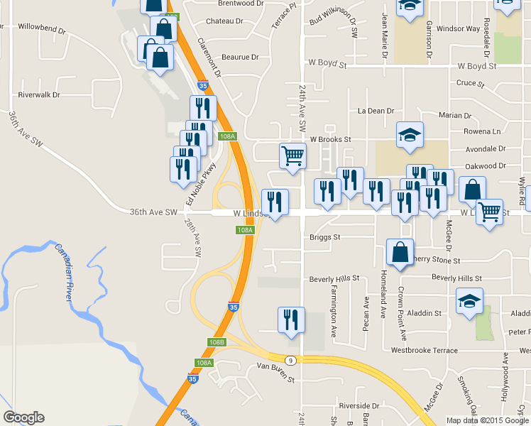 map of restaurants, bars, coffee shops, grocery stores, and more near 2466 West Lindsey Street in Norman