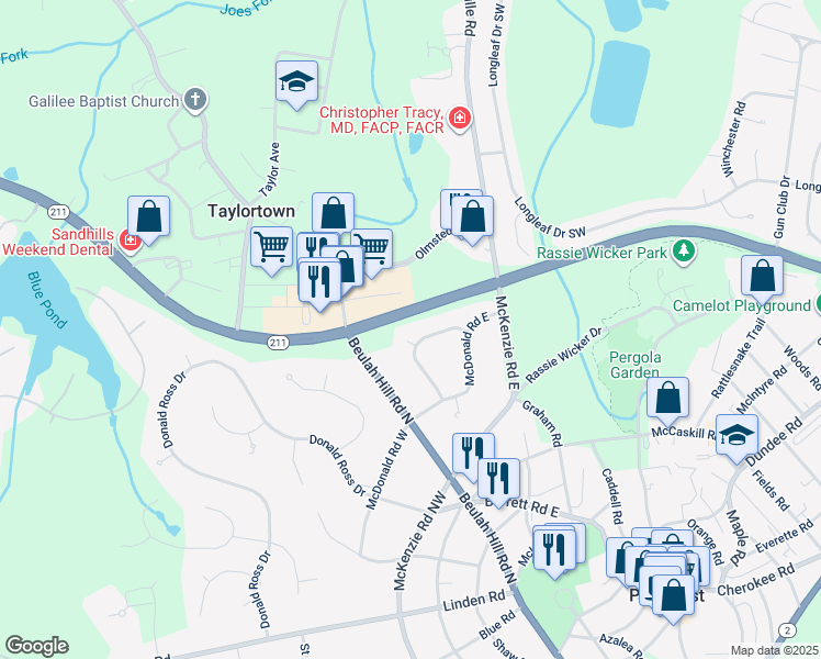map of restaurants, bars, coffee shops, grocery stores, and more near 2 McQueen Place in Pinehurst