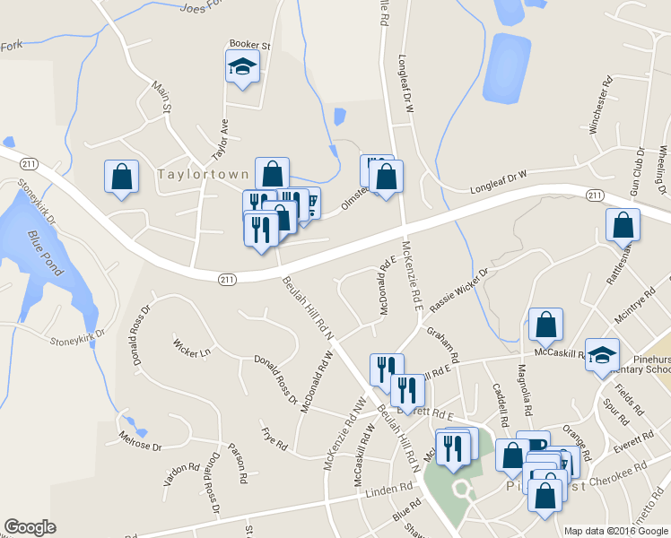 map of restaurants, bars, coffee shops, grocery stores, and more near 2 McQueen Place in Pinehurst