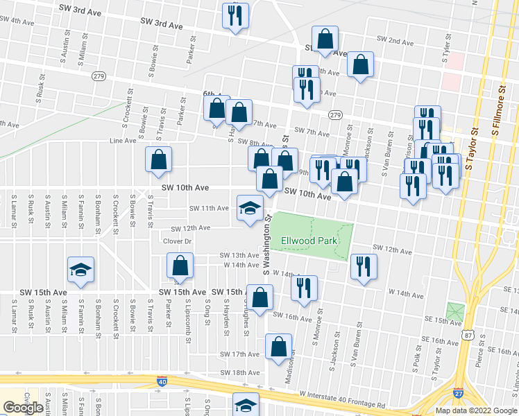 map of restaurants, bars, coffee shops, grocery stores, and more near 1002 West 11th Avenue in Amarillo