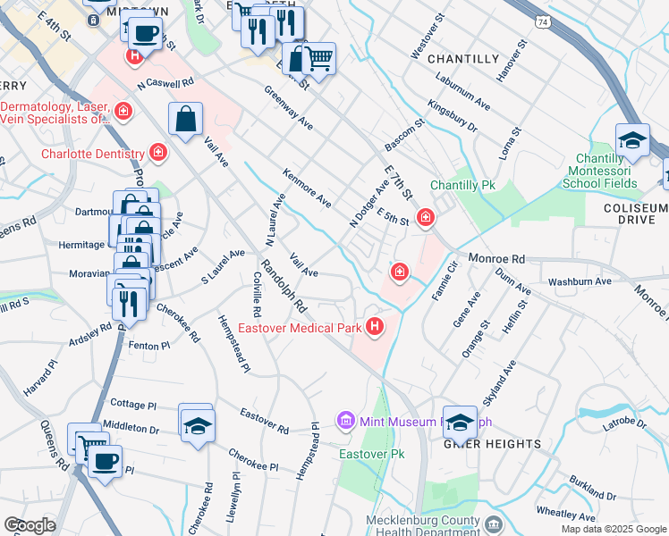 map of restaurants, bars, coffee shops, grocery stores, and more near 2520 Vail Avenue in Charlotte