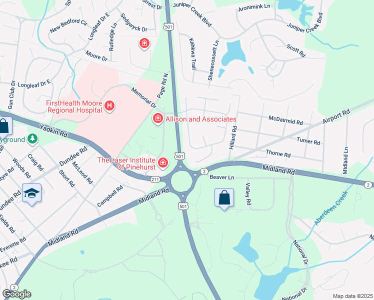 map of restaurants, bars, coffee shops, grocery stores, and more near 575 Pinehurst Trace Drive in Pinehurst