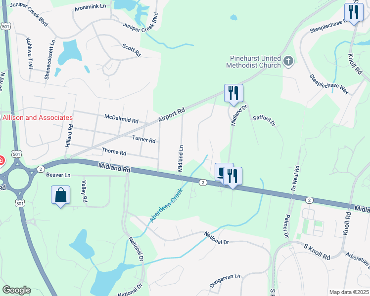 map of restaurants, bars, coffee shops, grocery stores, and more near 205 Midland Lane in Pinehurst