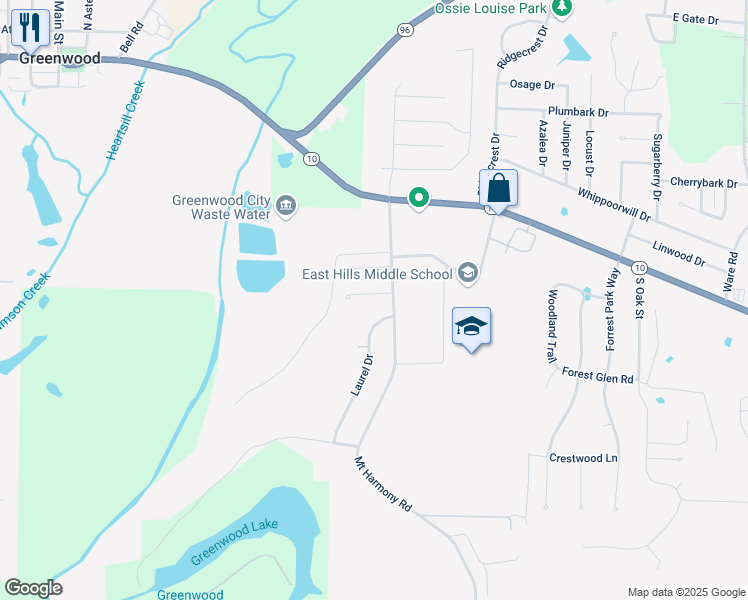 map of restaurants, bars, coffee shops, grocery stores, and more near 1135 Grinnel Circle in Greenwood