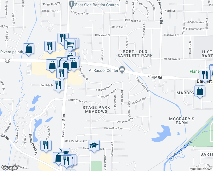 map of restaurants, bars, coffee shops, grocery stores, and more near 5242 Yellowood Road in Memphis