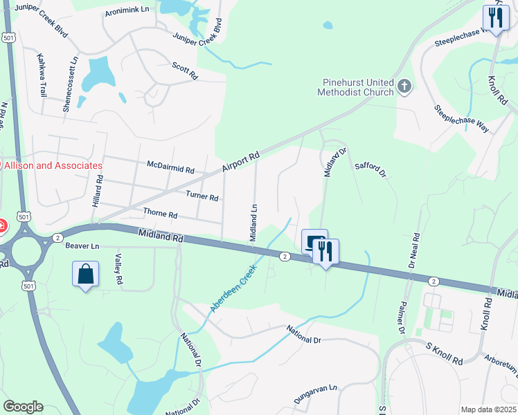 map of restaurants, bars, coffee shops, grocery stores, and more near 205 Midland Lane in Pinehurst