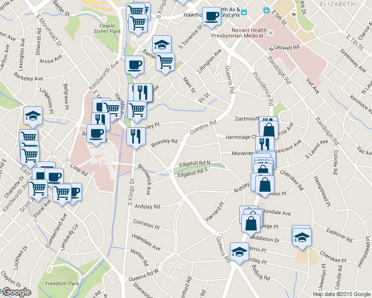 map of restaurants, bars, coffee shops, grocery stores, and more near 917 Queens Road in Charlotte