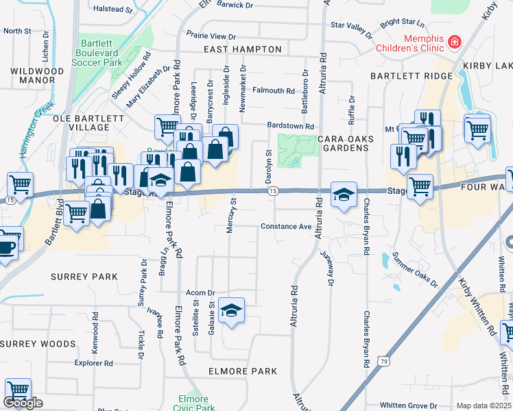 map of restaurants, bars, coffee shops, grocery stores, and more near 6345 Mercury Cove in Bartlett
