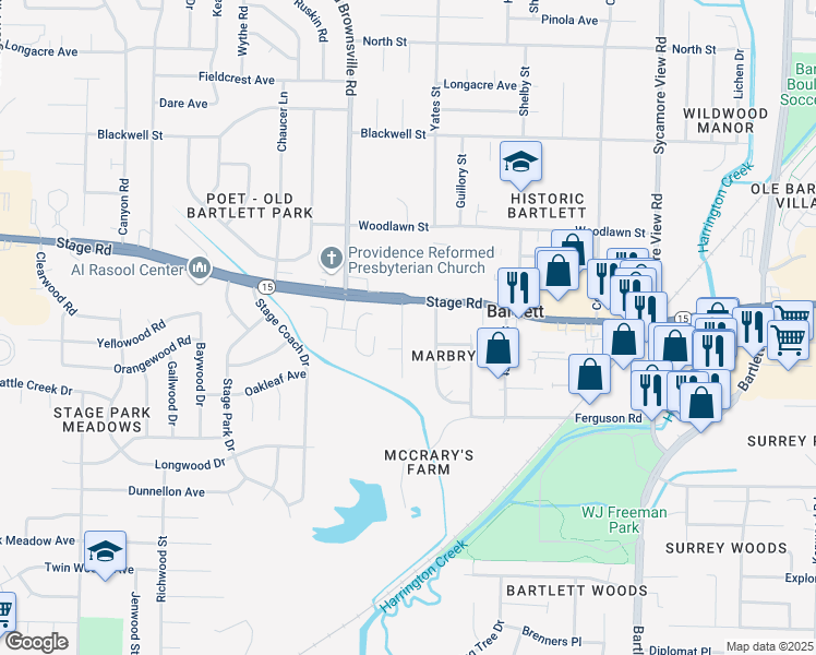 map of restaurants, bars, coffee shops, grocery stores, and more near 5540 Oakleaf Avenue in Bartlett