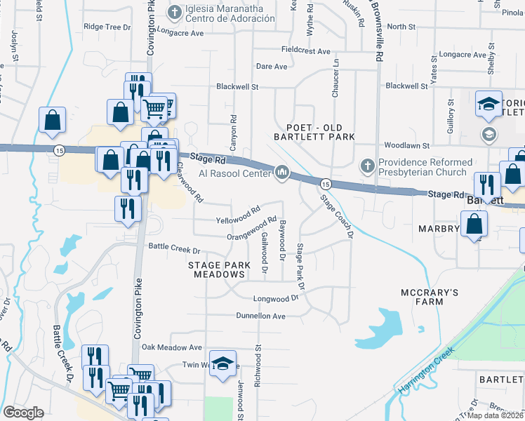 map of restaurants, bars, coffee shops, grocery stores, and more near 5274 Orangewood Road in Memphis