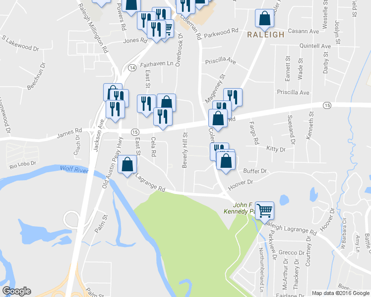 map of restaurants, bars, coffee shops, grocery stores, and more near 2870 Beverly Hill Street in Memphis