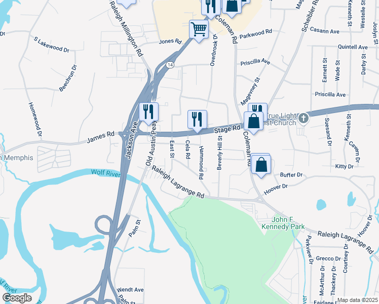 map of restaurants, bars, coffee shops, grocery stores, and more near 4310 Old Raleigh Lagrange Road in Memphis