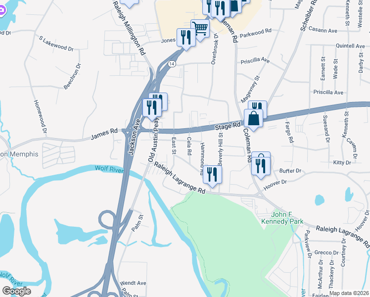 map of restaurants, bars, coffee shops, grocery stores, and more near 4310 Old Raleigh Lagrange Road in Memphis