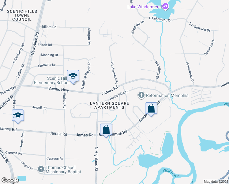 map of restaurants, bars, coffee shops, grocery stores, and more near 36592 Northcliffe Drive in Memphis