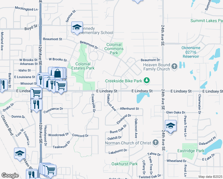 map of restaurants, bars, coffee shops, grocery stores, and more near 1908 Lindsey Street in Norman
