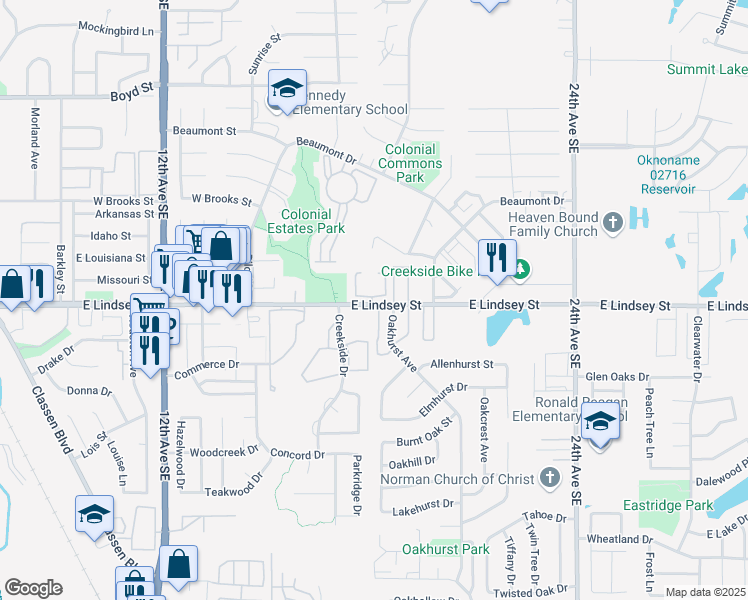 map of restaurants, bars, coffee shops, grocery stores, and more near 1813 Lindsey Street in Norman