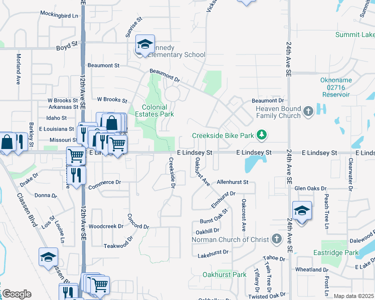 map of restaurants, bars, coffee shops, grocery stores, and more near 1813 Lindsey Street in Norman