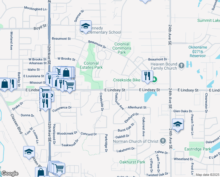 map of restaurants, bars, coffee shops, grocery stores, and more near 1813 Lindsey Street in Norman