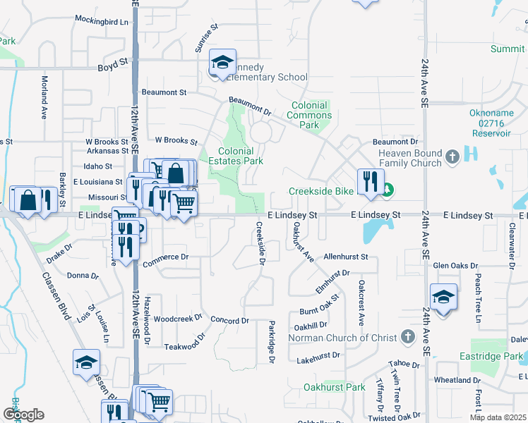 map of restaurants, bars, coffee shops, grocery stores, and more near 1713 East Lindsey Street in Norman