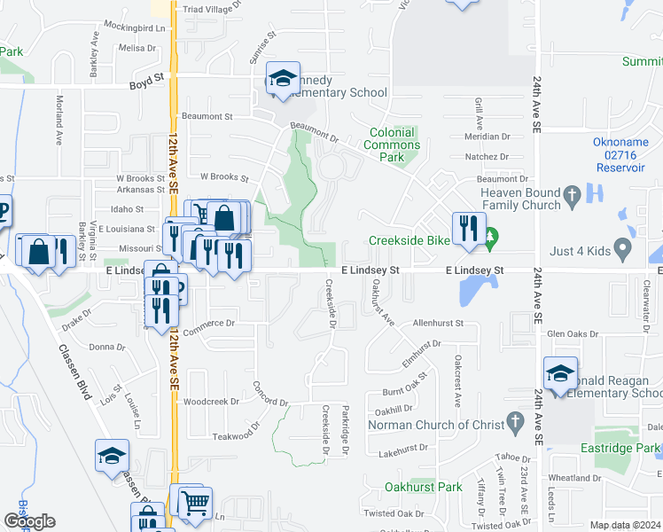 map of restaurants, bars, coffee shops, grocery stores, and more near 1713 East Lindsey Street in Norman