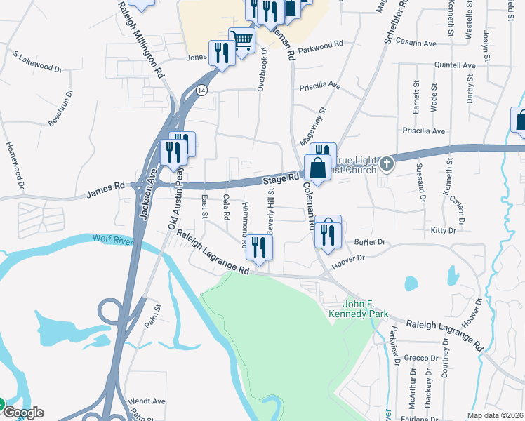 map of restaurants, bars, coffee shops, grocery stores, and more near 2879 Beverly Hill Street in Memphis