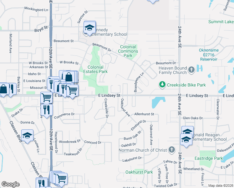 map of restaurants, bars, coffee shops, grocery stores, and more near 1827 East Lindsey Street in Norman