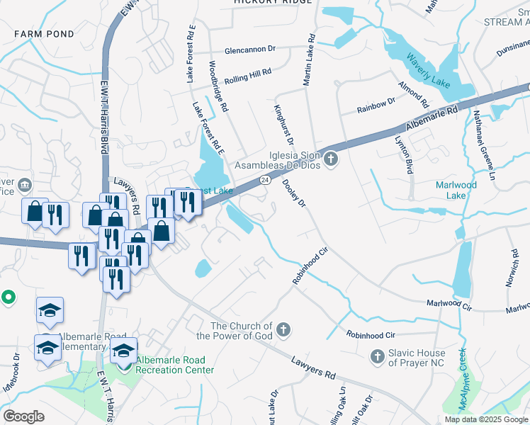 map of restaurants, bars, coffee shops, grocery stores, and more near 5704 Copper Creek Court in Charlotte