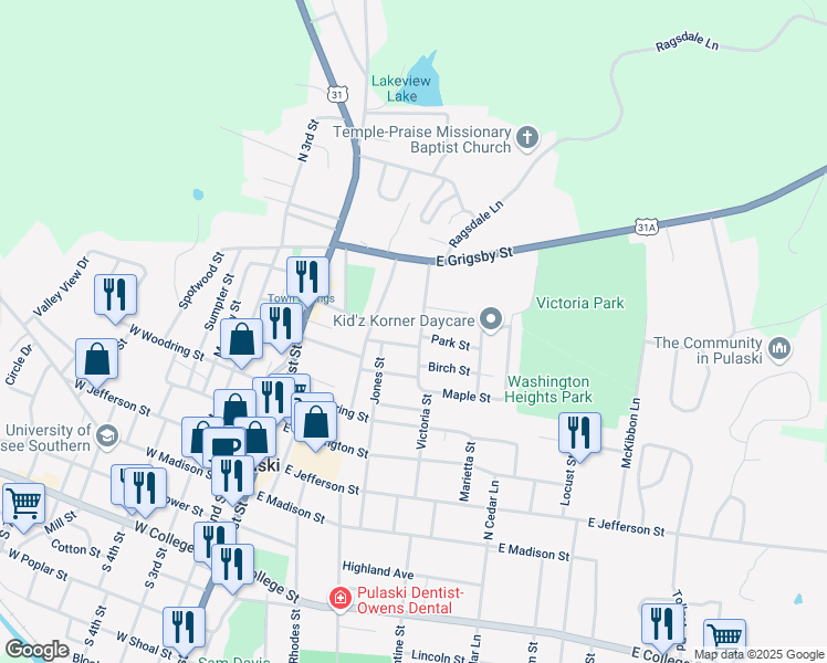 map of restaurants, bars, coffee shops, grocery stores, and more near 533 Victoria Street in Pulaski