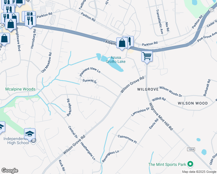 map of restaurants, bars, coffee shops, grocery stores, and more near 9900 Sunway Drive in Mint Hill