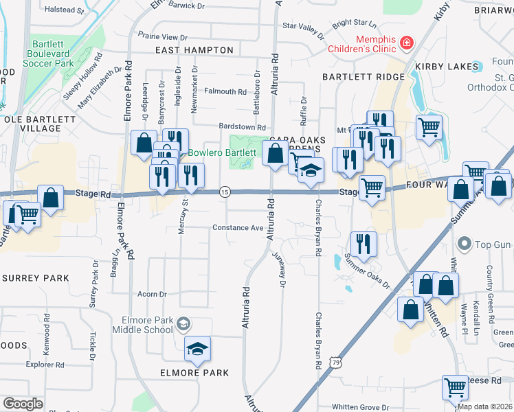 map of restaurants, bars, coffee shops, grocery stores, and more near 6428 Blenheim Avenue in Bartlett