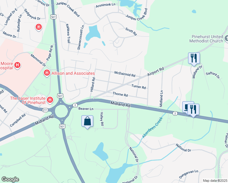 map of restaurants, bars, coffee shops, grocery stores, and more near 4619 Airport Road in Pinehurst