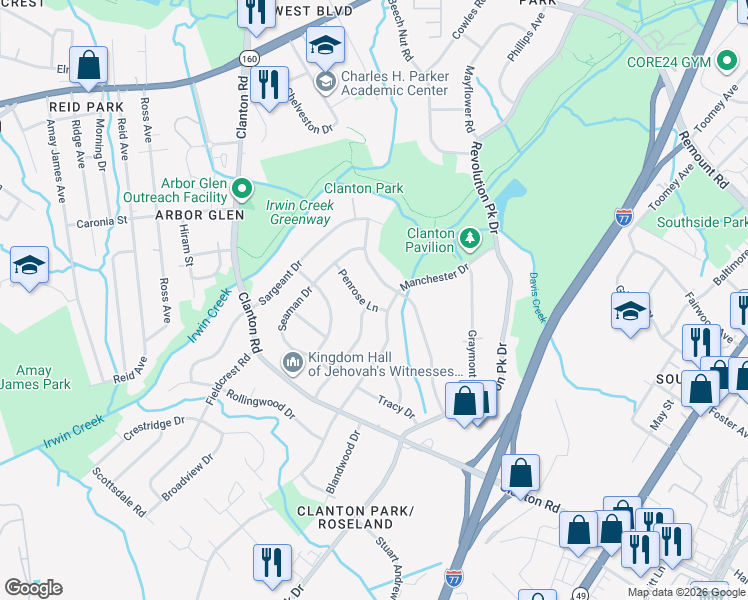 map of restaurants, bars, coffee shops, grocery stores, and more near 3424 Manchester Drive in Charlotte