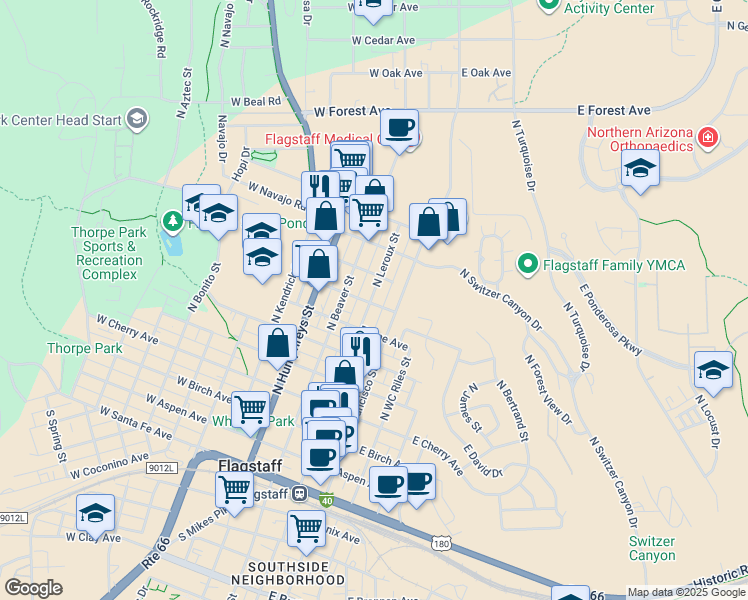 map of restaurants, bars, coffee shops, grocery stores, and more near 607 North Leroux Street in Flagstaff