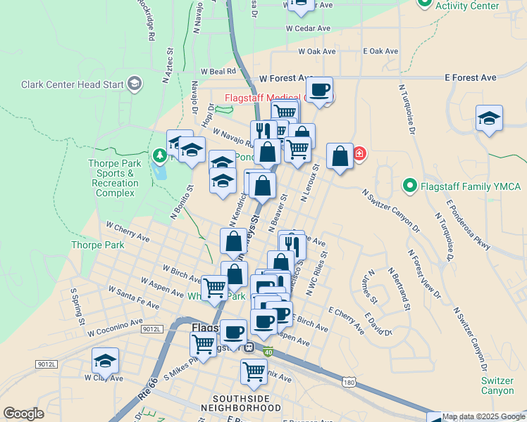 map of restaurants, bars, coffee shops, grocery stores, and more near 523 North Beaver Street in Flagstaff