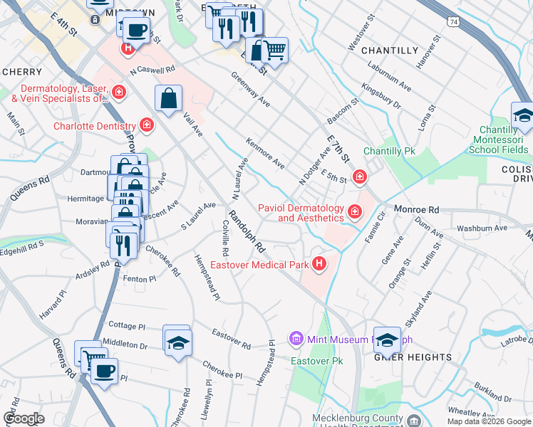 map of restaurants, bars, coffee shops, grocery stores, and more near 2520 Vail Avenue in Charlotte