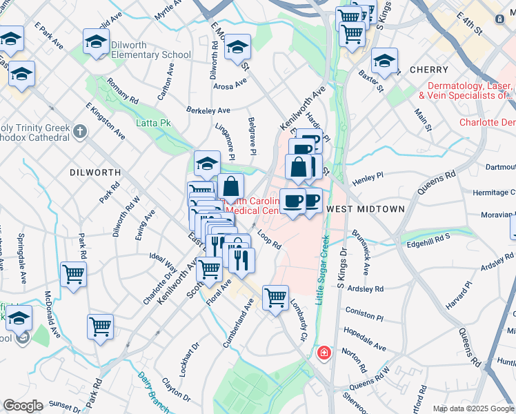 map of restaurants, bars, coffee shops, grocery stores, and more near in Charlotte