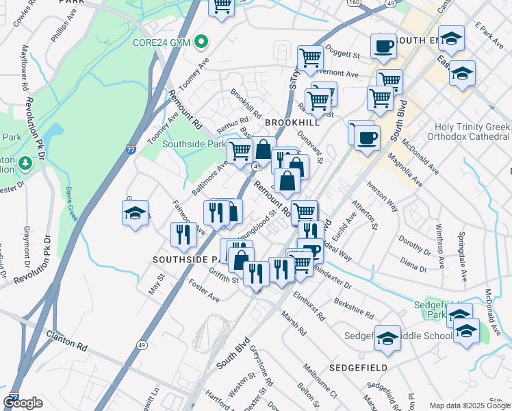 map of restaurants, bars, coffee shops, grocery stores, and more near 3115 Robeline Lane in Charlotte