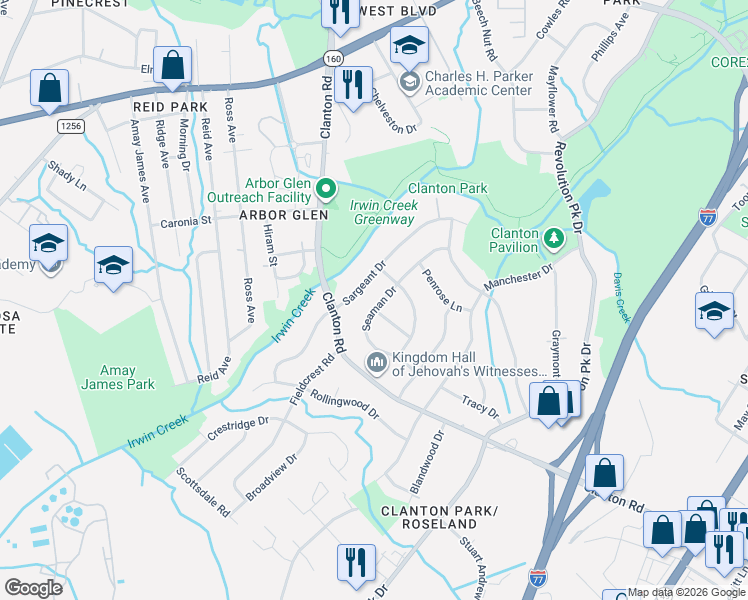map of restaurants, bars, coffee shops, grocery stores, and more near 3714 Seaman Drive in Charlotte