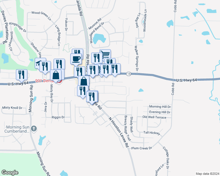 map of restaurants, bars, coffee shops, grocery stores, and more near 2860 Goose Creek Drive in Memphis