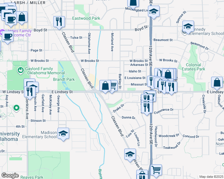 map of restaurants, bars, coffee shops, grocery stores, and more near 800 East Lindsey Street in Norman