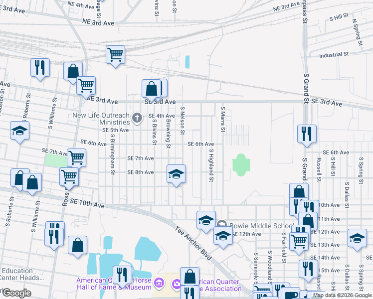 map of restaurants, bars, coffee shops, grocery stores, and more near 601 South Nelson Street in Amarillo