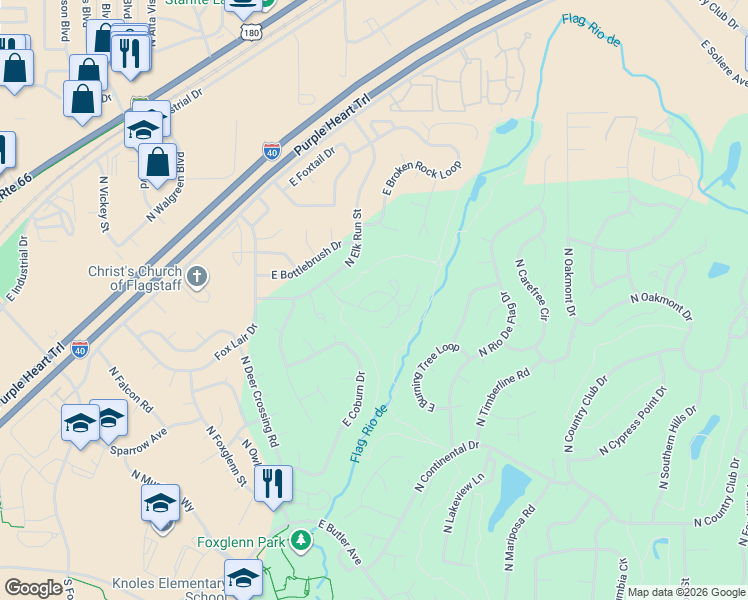 map of restaurants, bars, coffee shops, grocery stores, and more near 2368 North Whispering Pines Way in Flagstaff